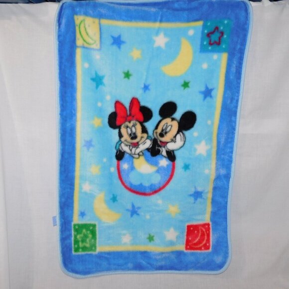 Disney Other - VTG Disney Mickey Mouse Minnie Star Moon Plush Fleece Baby Blanket 30 x 45